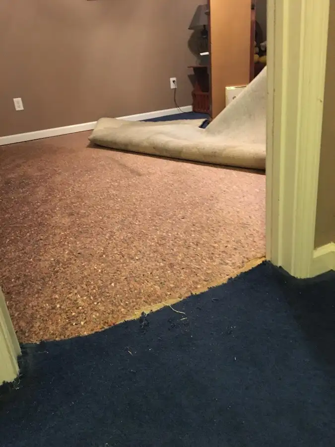 Carpet pad removal revealing water damage during Drying & Dehumidification in Northport